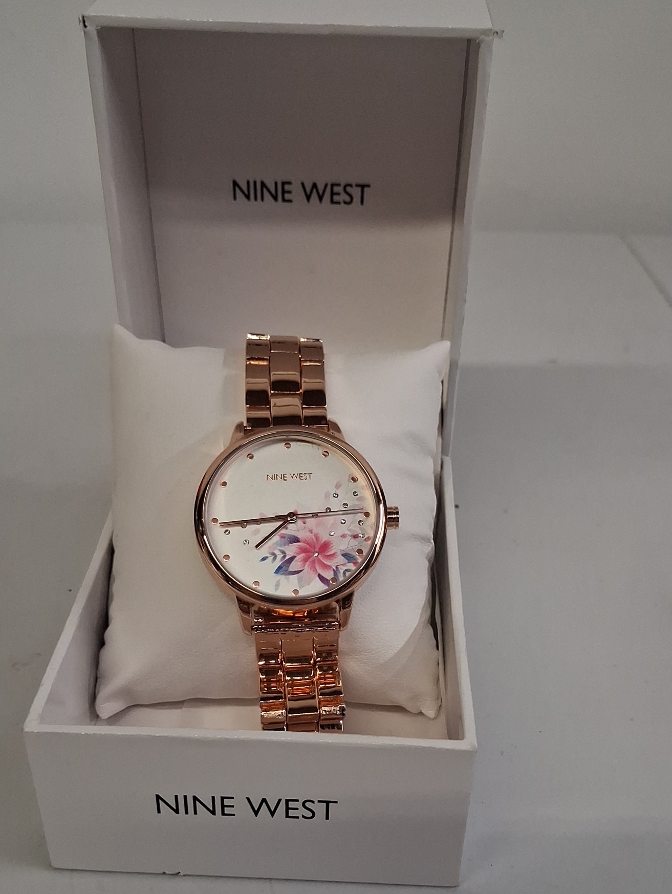 Nwt Womens Nine West Rose Gold Bracelet Watch With Floral Dial